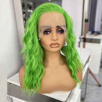 Green Short Wave Wig 13x4 Synthetic Lace Front Wig for Women Natural Hairline Daily Use Wigs Glueless Heat Resistant Fiber Hair