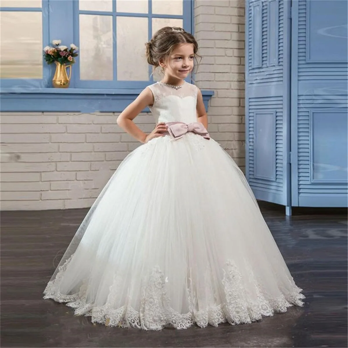 flower-girl-dress-fluffy-tulle-bowknot-first-party-eucharist-birthday-dress-wedding-elegant-litter-flower-children-dress