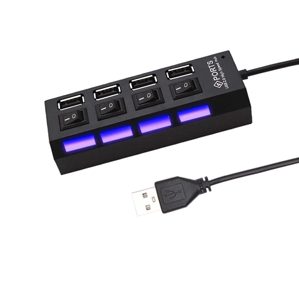 4 Ports USB HUB 2.0 Adapter Expander 4 In 1 Multi USB Splitter Multiple Extender with LED Lamp Switch for PC Laptops