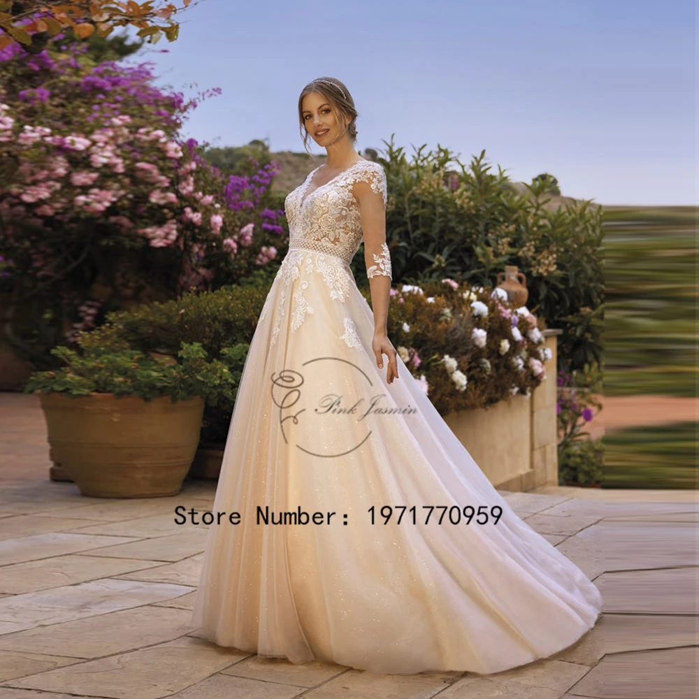 

Gorgeous V Neck Wedding Dress High Quality Tulle Applique Full Sleeves Wedding Gowns Backless Court Train vestido de noiva 2024