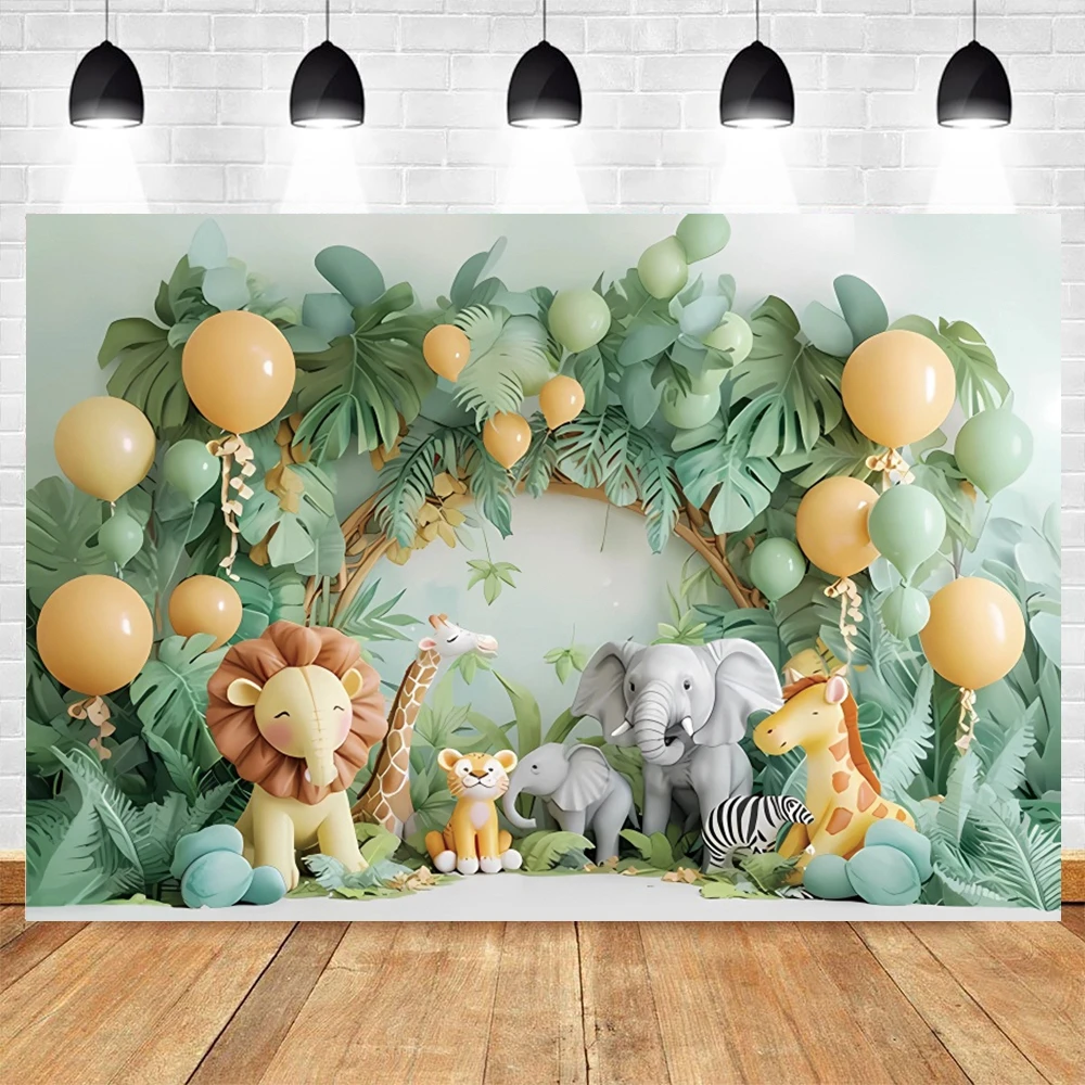 Newborn Baby First Birthday Backdrop Balloons Baby Shower Safari Jungle Animals Cake Smash Party Photographic Background Decor photo backdrop