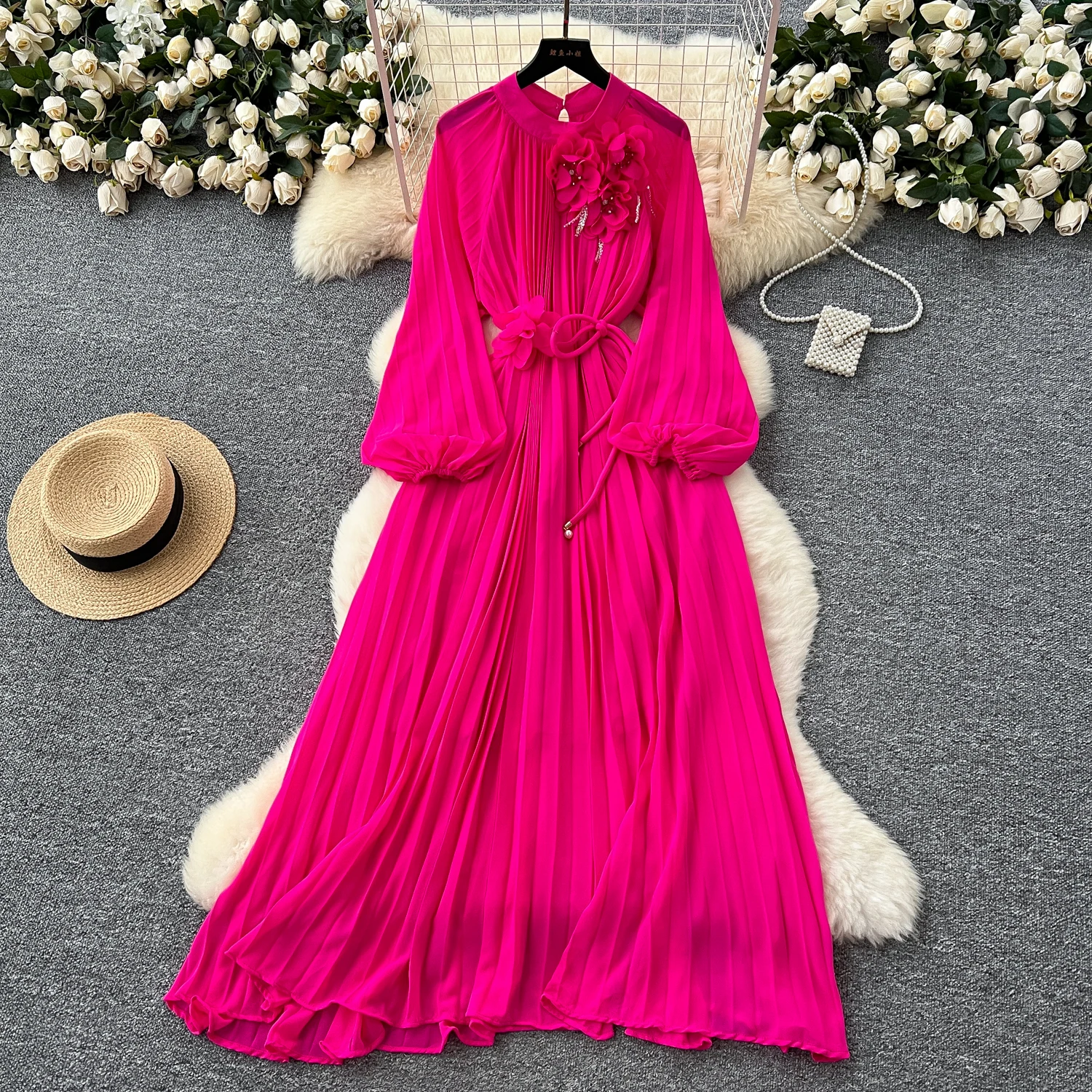 Korean Inspired Ruffle Dress With Lantern Sleeves And 3D Floral Detail For Feminine Fashion Lovers main image 1