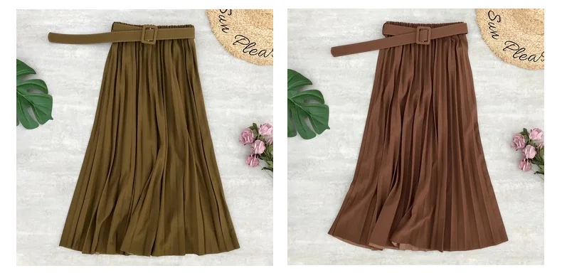 midi skirt PEONFLY New Women Fashion Belt Solid Color Pleated Midi Skirts Faldas Mujer Ladies Elegant High Waist Retro Casual Skirts golf skirt