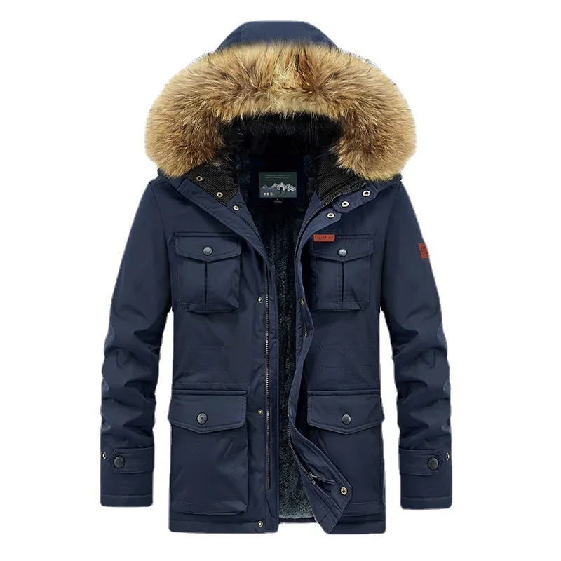 2023 New Autumn and Winter Men's New Plush Thickened Mid Length Hooded Cotton Jacket Casual Youth Thickened Jacket Large Size