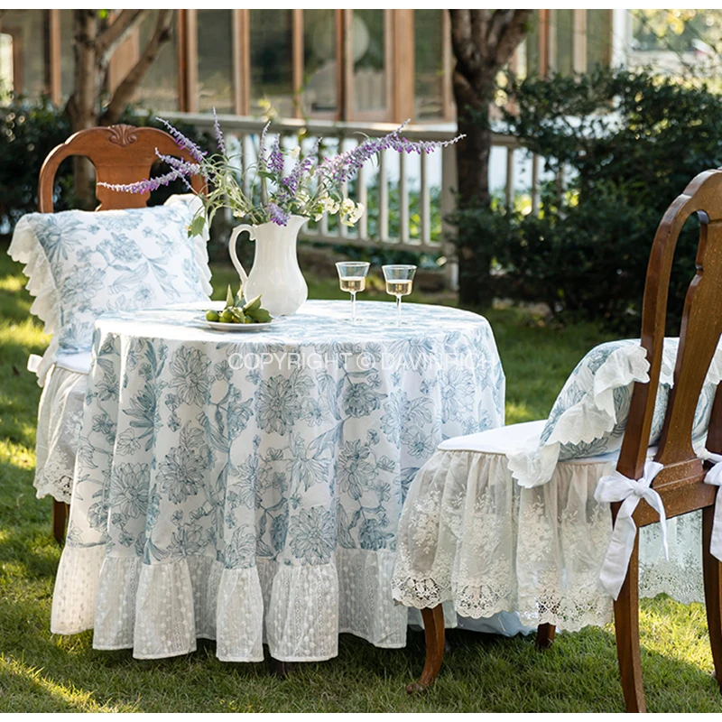 DAVINRICH French Rustic Round Tablecloth With Lace Ruffles Spiraea Chrysanthemum Floral Embroidery Garden Table Cloth Chic Decor - Image 3