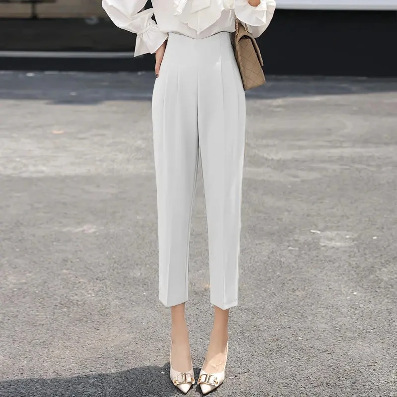 Straight Elastic High Waist Women Suit Pants Solid White Office Lady Elegant Vintage 2023 Ankle-Length  Female Tailored Trousers