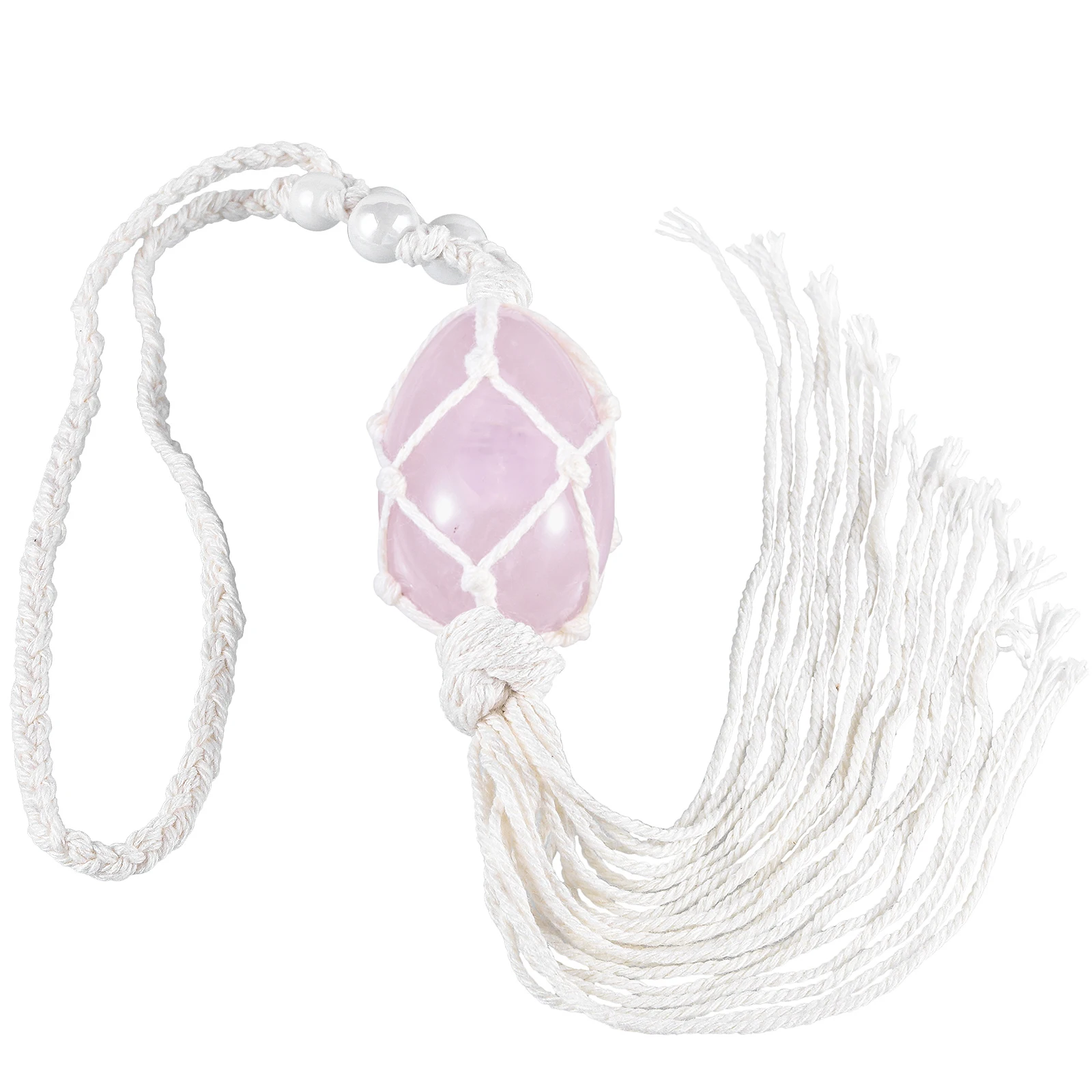 Natural Gemstone Egg-Shape Hanging Ornament With Tassels Nylon Rope Wrapped Polished Crystal Stone Hanging For Car Home Decor
