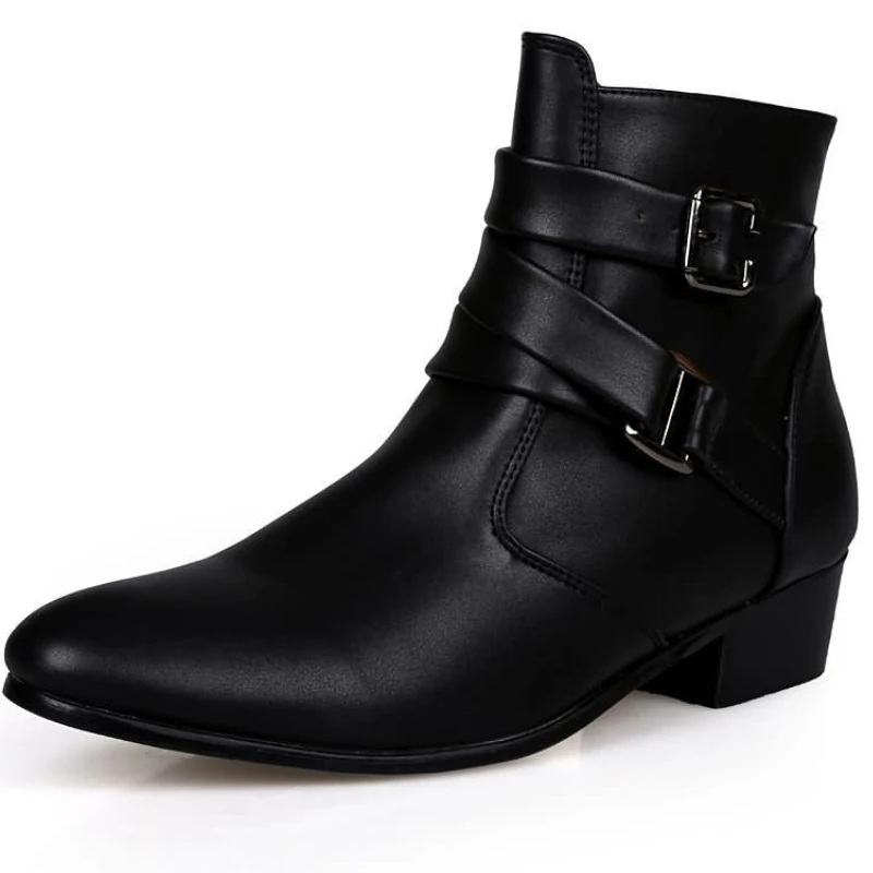

Men's Leather Boots British Style Belt Buckle Side Zip High Top Pointed Toe Plus Size Business Shoes Botas De Cuero Para Hombre