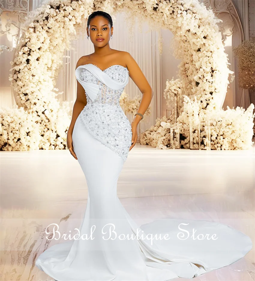 Luxury Pearls Mermaid Wedding Dress 2025 Sweetheart Beading