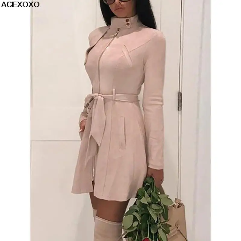 

Europe and the United States socialite amazon product recommendation deerskin flocking trench coat pure color zipper dress dress