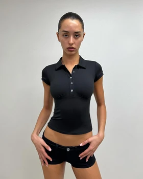 Tank Black Polo Collar T-Shirt, Slim Fit and Sexy Short-Sleeved Summer Women's Short Top 1