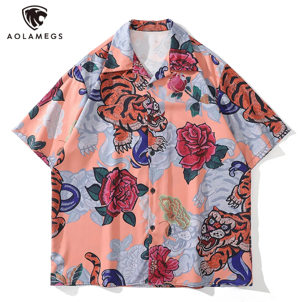

Hawaiian Men Shirts Streetwear Tiger Rose Flower Print Shirt Hip Hop Summer Casual Short Sleeve Shirts High Street Fashion Tops