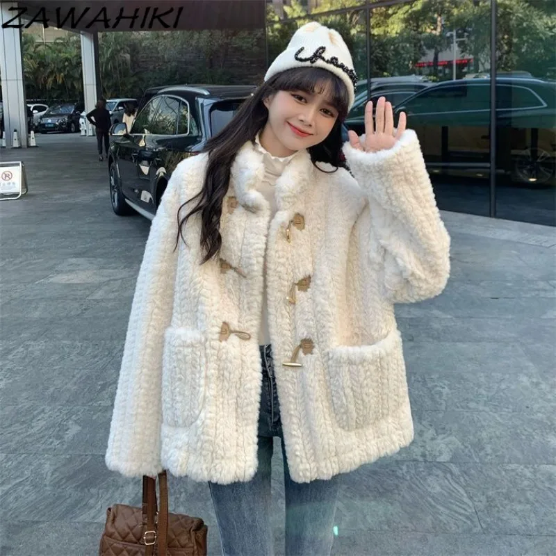 

ZAWAHIKI Fall Winter Solid Color Button-up Faux Fur Warm Soft Women Jackets Korean Fashion Japanese Sweet Outwear Chic Tops