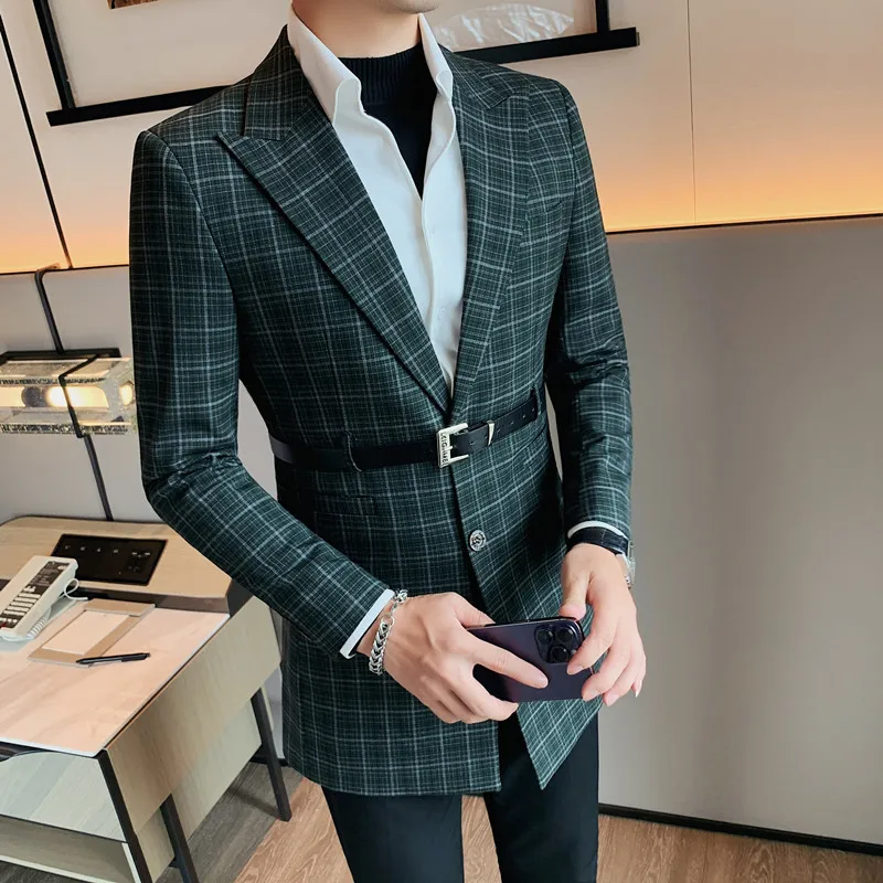 

2023 Autumn Winter Plaid Blazers Men Middle Length Slim Suit Jackets Men Belt Decoration Office Social Wedding Blazer Masculino