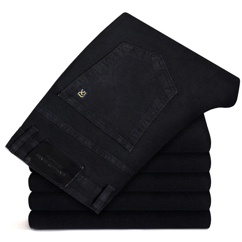 thumbnail image 1 of Pantalones vaqueros rectos holgados negros puros de estilo clásico para hombre, pantalones casuales de tela suave elástica para negocios de otoño e invierno, pantalones de marca para hombre, 1 of 5