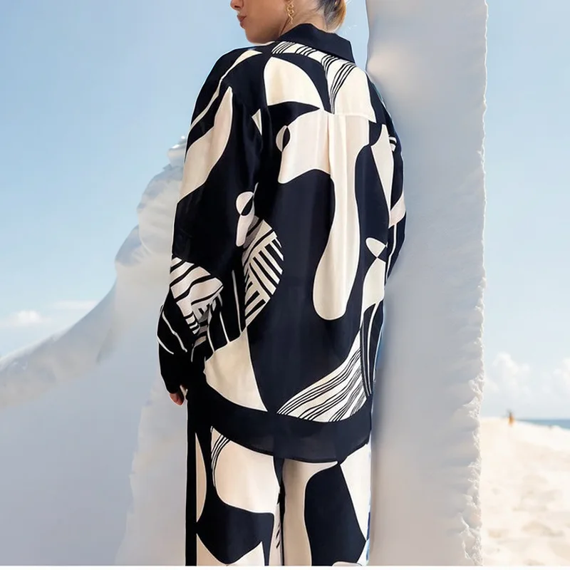 New Women Digital Print 2 Piece Set Chic Lapel Long Sleeved Blouse Top Loose Straight Leg Pants Suit Fashion Streetwear Outfits