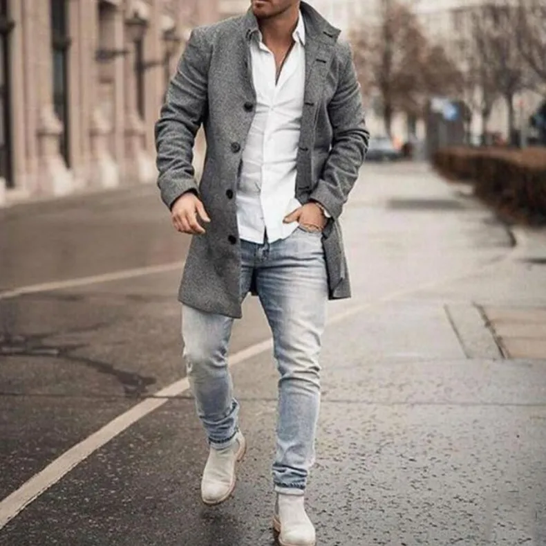 

Europe and the United States autumn and winter men's woolen stand-up collar mid-length pocket casual coat