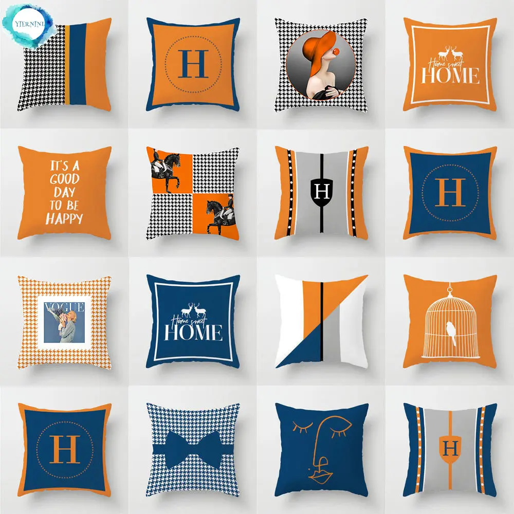

Nordic Blue Orange Pillowcase Room Geometric Sofa Cushion Cover Blue English Ins Orange Floating Window Pillowslip 45*45 cm