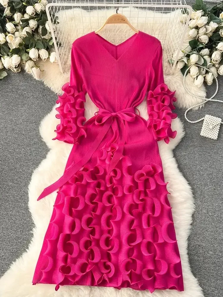 

TRAF Summer Holiday 3D Ruffled Edge Draped Pleated Dress Women's V- Neck Solid Oversized High Sretch Lace- Up Party Vestidos