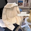 Autumn Winter 2024 Double Zipper Vintage Flip Collar Women Knitted Cardigan Sweater Jacket Student Korean Version Ladies Top 2