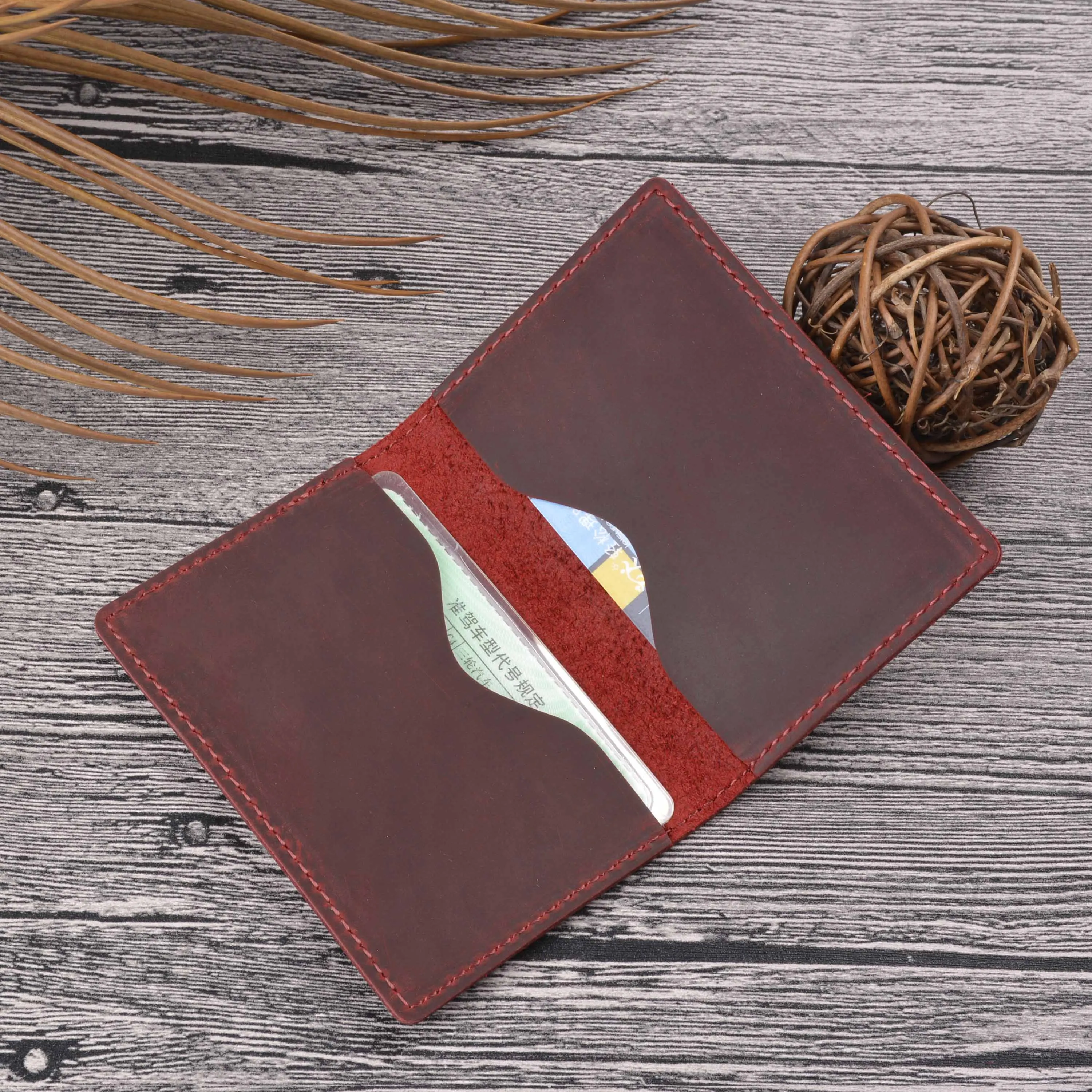 German Crazy Horse Leather Top-Grain Cowhide Slim Card Wallet-Minimalist Handmade Vintage Style Genuine Leather Card Holder wi
