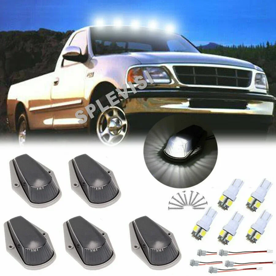 5Pcs Smoke Top Roof Running Cab Marker Lights+ 5Pcs 194 5050 LEDs White Kit For Ford F-150 250 350 Super Duty 1980-1997