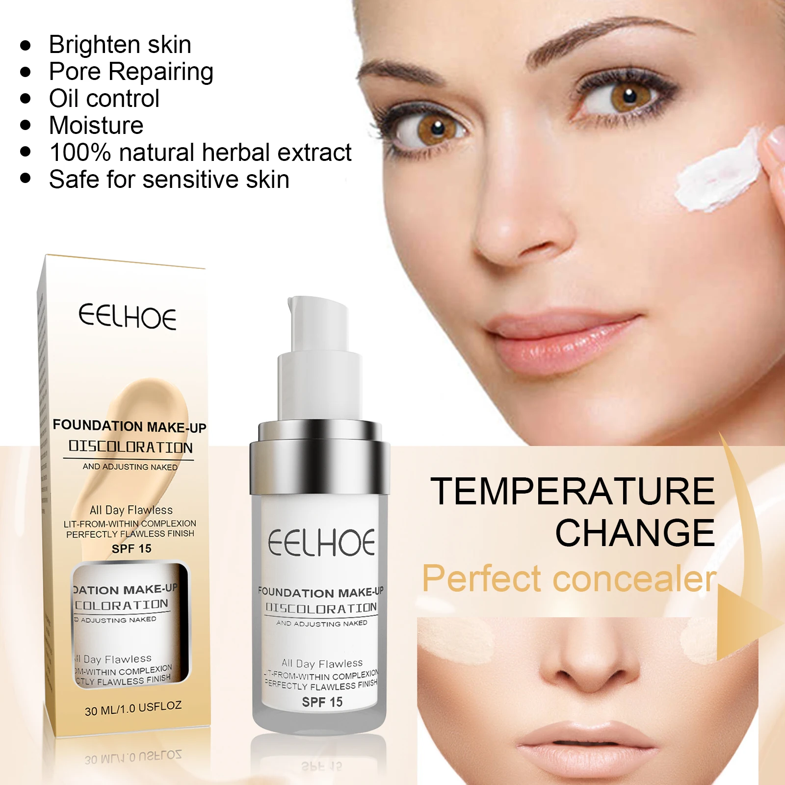 EELHOE Color Changing Liquid Foundation Moisturizing Waterproof No Creasing No Separation Concealer Makeup Products