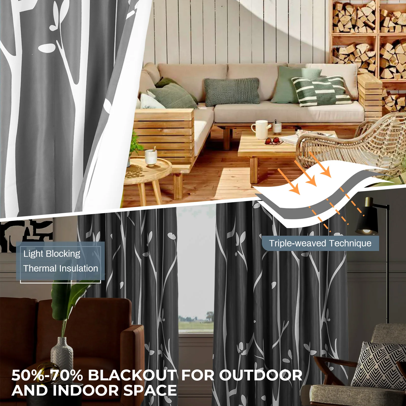 Outdoor Patio Waterproof Curtain Printed Tree Branch Windproof Blackout Drapes Heat Insulating Rod Pocket Voile sheer Curtains 5