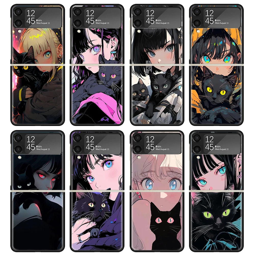 Anime Girls Cute Black Cat Case Per Samsung Galaxy Z Flip 4 5 3 Z Flip5 Flip4 5G Hard Phone Cover Flip3 Split Pieghevole Black Plas