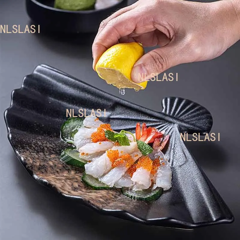 1pcs Ceramic Fan-shaped Disc Home Sushi Sashimi Fruit Plate Japanese Irregular Gradient Plate Color Glaze Japanese Dishes