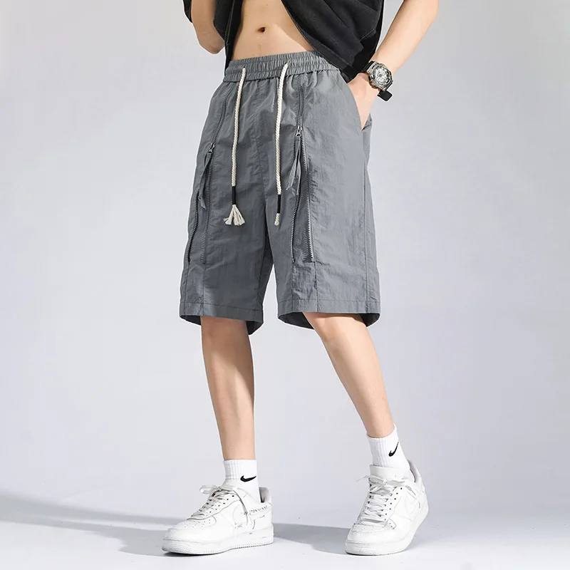 Summer Men's Clothing Solid Color Zipper Elastic High Waist Pockets Casual Bandage Sweatpants Preppy Style Vacation Shorts