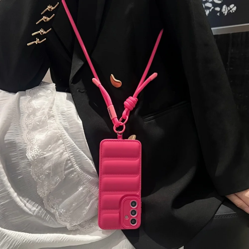 Stylish Down Jacket Crossbody Soft Phone Case with Long Lanyard