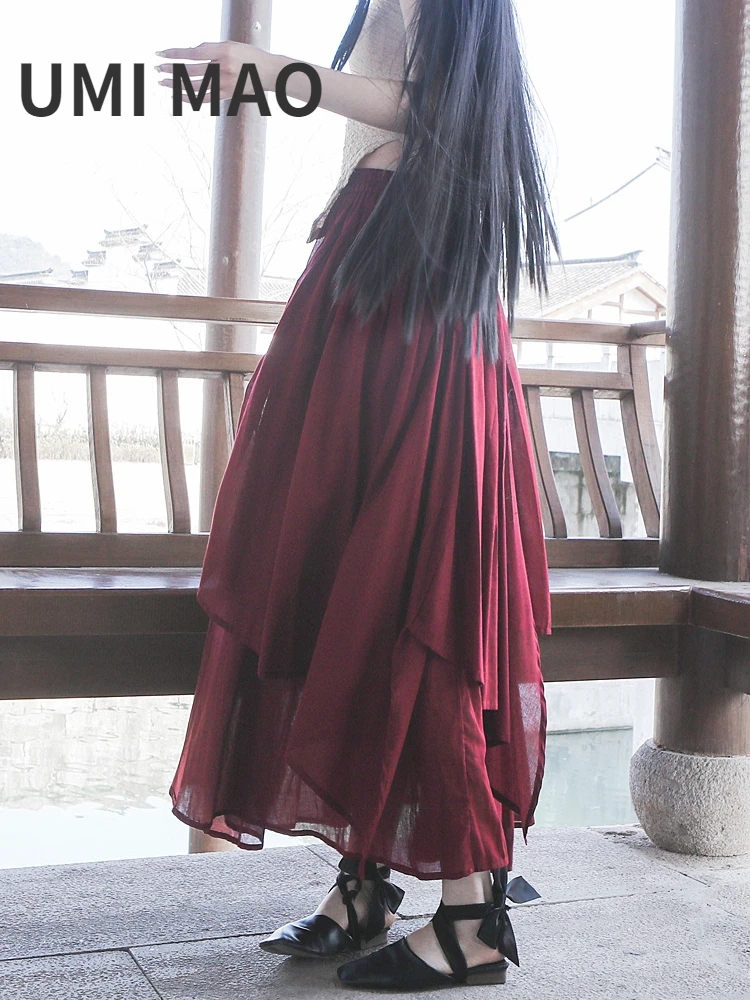 

UMI MAO Yamamoto Dark 2023 Spring Summer Self-made Cool Atmosphere Irregular Splicing Large Swing Splicing Skirt Dark Red Y2K