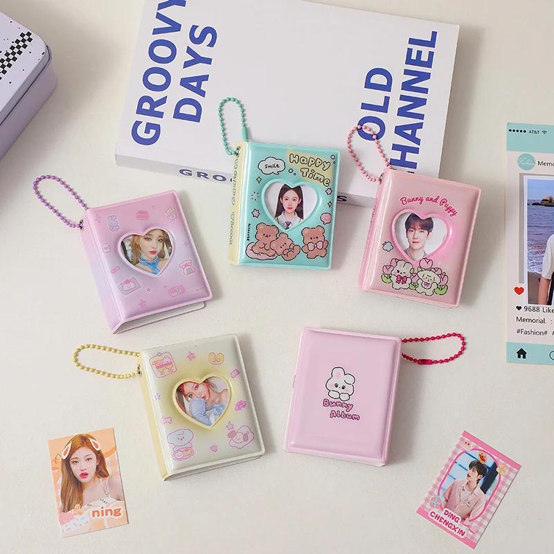 Mini Photo Album Keychain 3 Inch 16 Pockets For Small Photos Collectible Book Cartoon-Themed With Bear Rabbit Durable