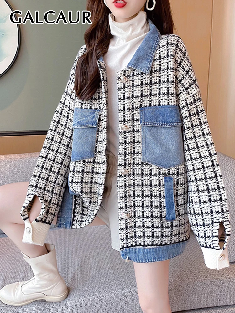 

GALCAUR Korean Houndstooth Coats For Women Lapel Long Sleeve Patchwork Pocket Casual Colorblock Spliced Denim Coat Female New