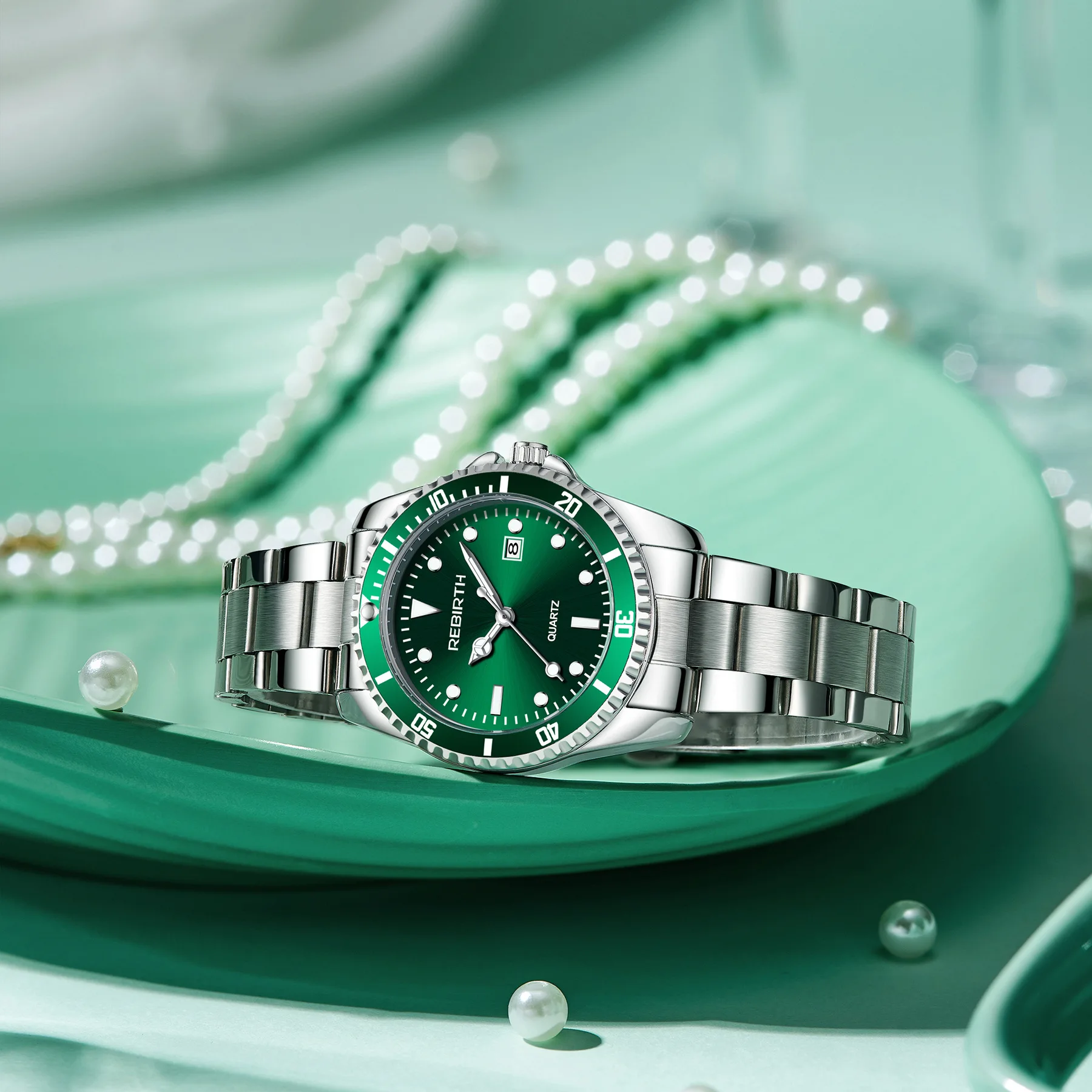 

Fashoin Green Dial Luxury Watches for Women Stainless Steel Quartz Hardlex Womens Wristwatch abcdefghijklmnabc