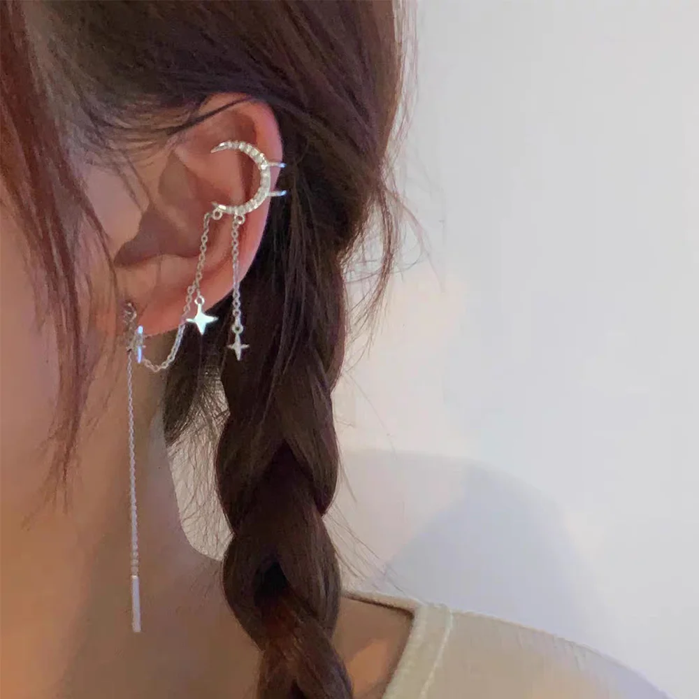 1pc zarte Monds tern lange Kette gefälschte Piercing Ohrclip Ohrringe für Frauen trend ige Ohr manschette ohne Loch y2k Schmuck Geschenke kde125 – Detail 2