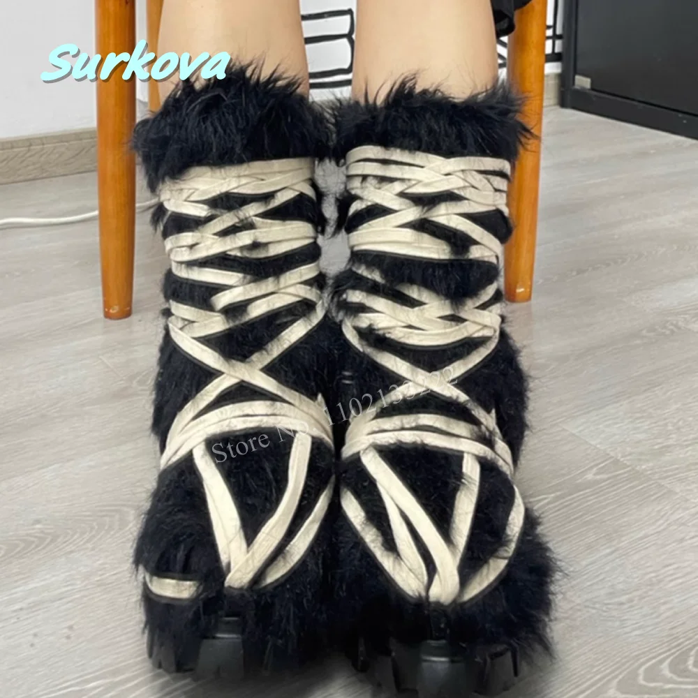 2024 Black Plush Thick Sole Snow Boots Round Toe Cross Strap Ankle Boots Winter Fashion Warm Dress Daily Women Shoes Newest
