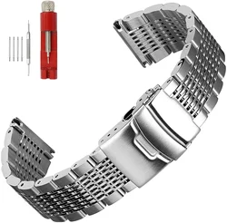 Elegant Stainless Steel Mesh Watch Band - Brushed & Polished Finish Bracelet - 22mm (Silver)