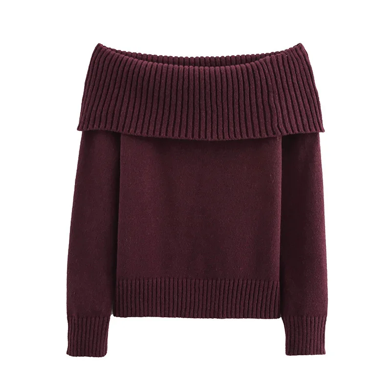 Suéter elegante burdeos con hombros descubiertos para mujer, jersey de punto de manga larga ajustado, prenda informal de punto de calle de primavera 2025