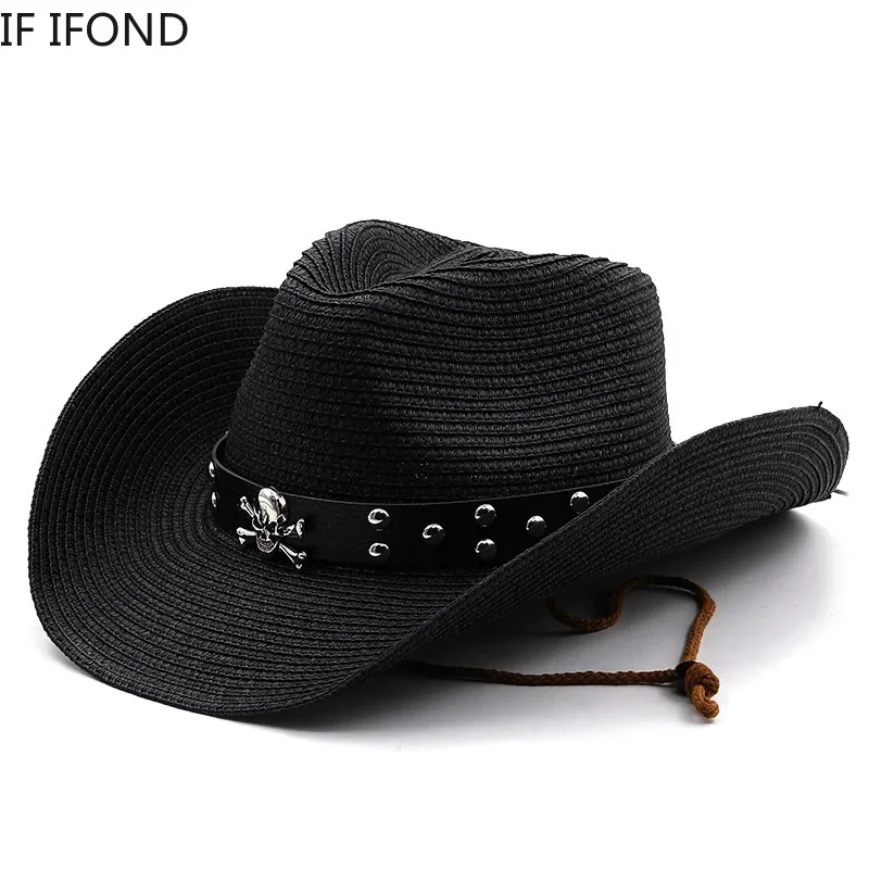 Fashion Punk Brand Men Western Cowboy Hat Summer Straw Beach Hats Panama Cowgirl Jazz Sun Cap Gorros Hombre