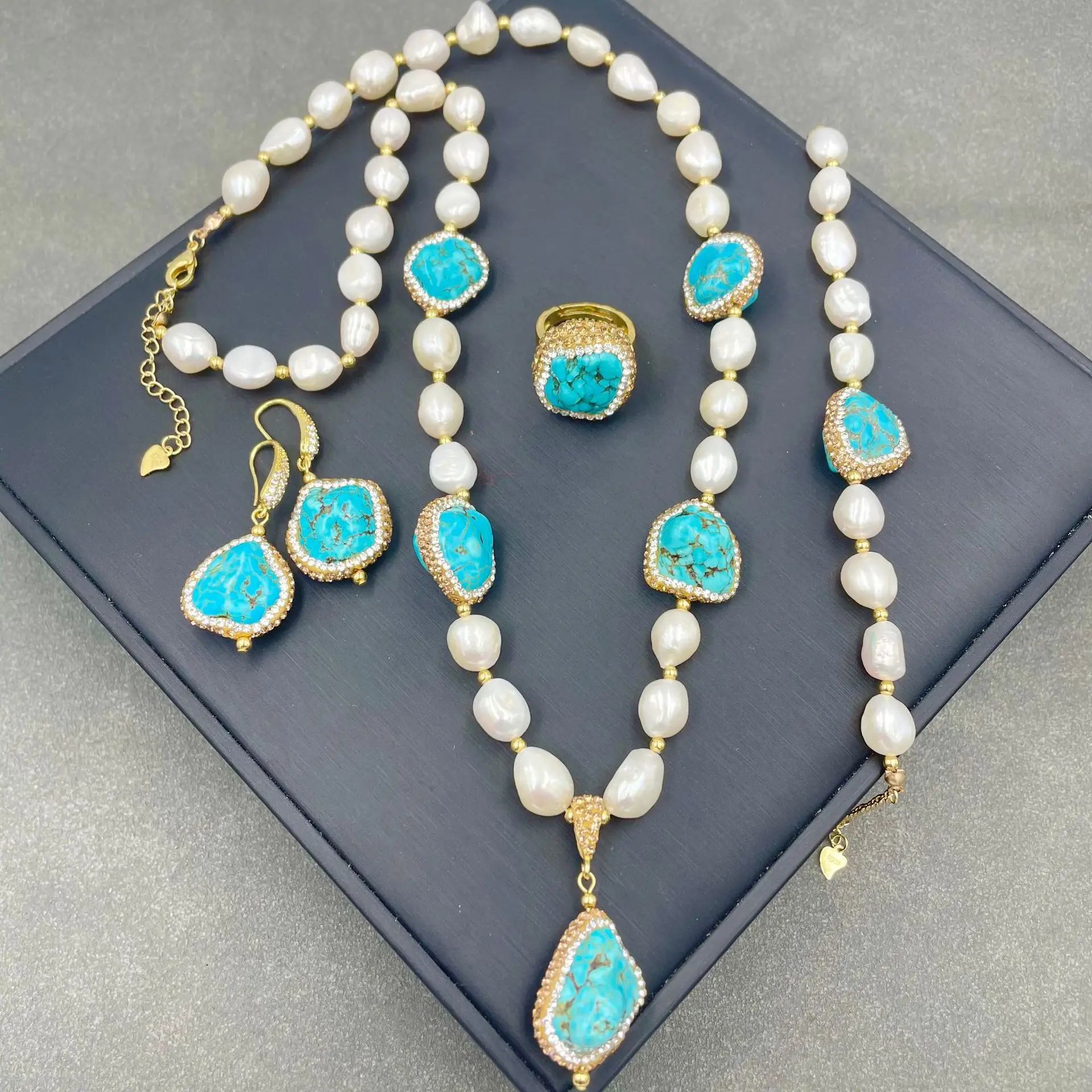 

ST023 Turquoise Ore And Freshwater Pearl Inlaid Literary Style Exquisite High End Handmade Craft Four Piece Jewelry Set