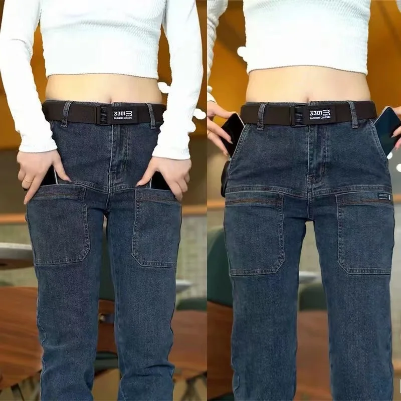 2024 New Brand Mens Casual Multiple Pockets Jeans Mid-Waist Elastic Straight Denim Trousers Versatile Loose Personality Pants 3