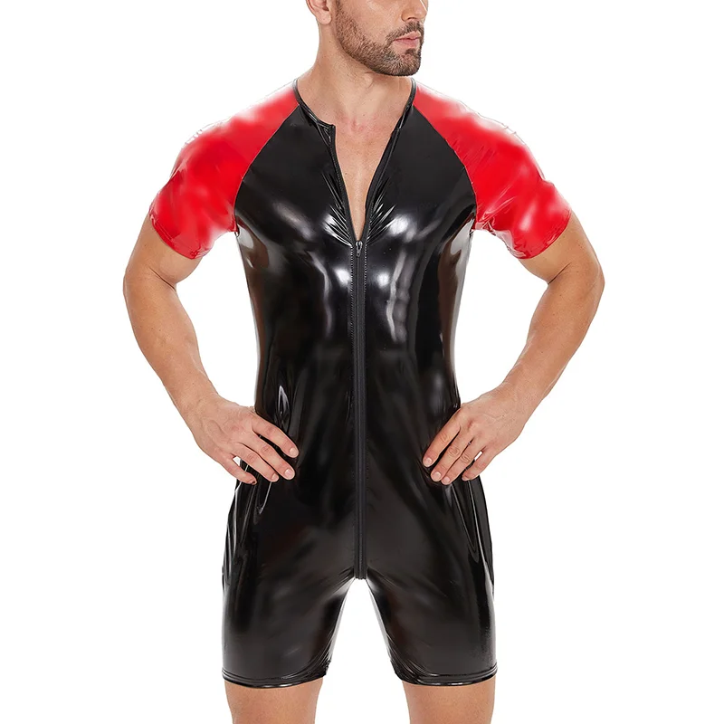 S to 7XL Shiny PVC Leather Jumpsuit for Men Short Sleeve Sexy Open Crotch Slim Fit Tight Bodysuit Zip One Piece Catsuit Clubwear