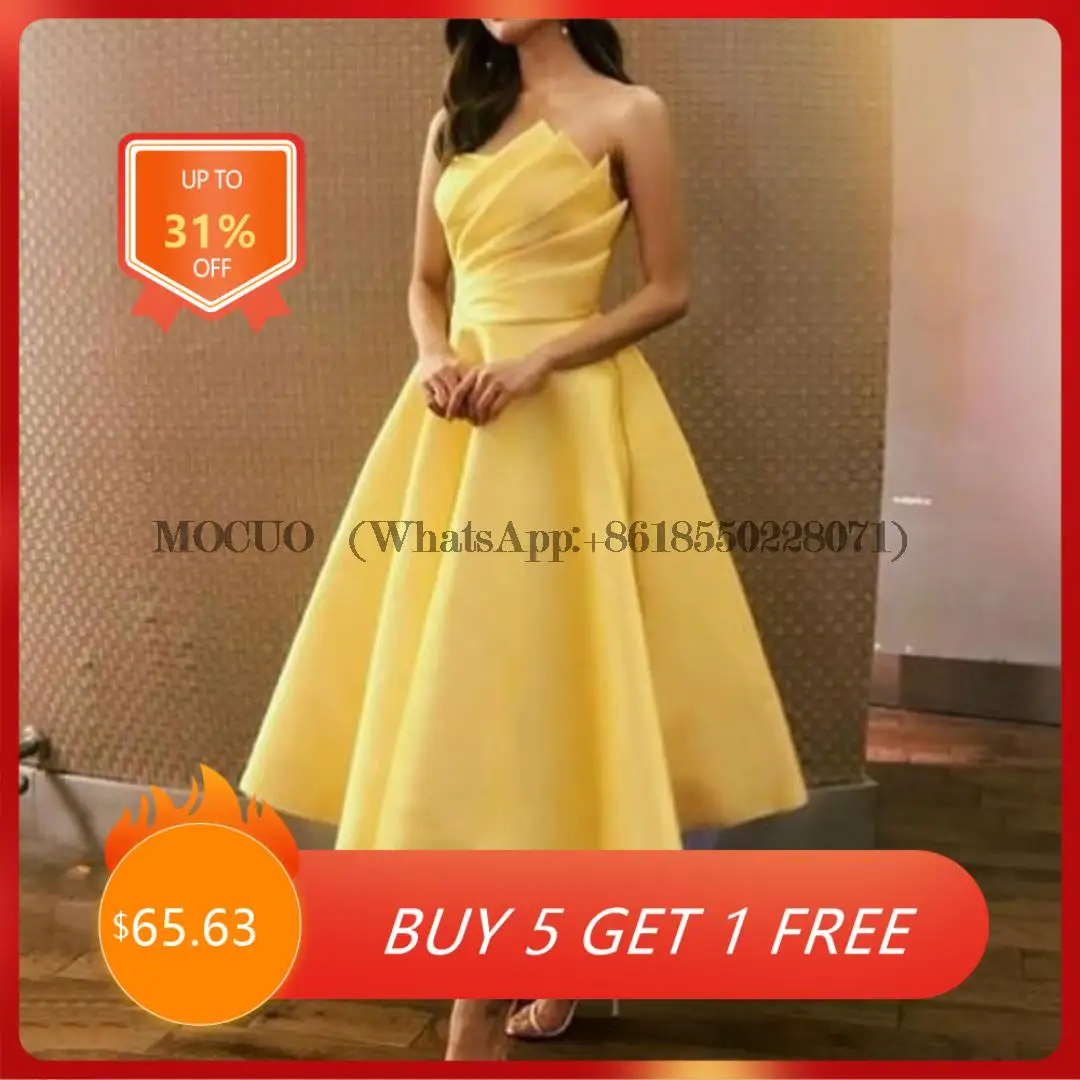 

Elegant Yellow Short Strapless Prom Dresses 2023 A-Line Tea Length Pleated Satin Party Evening Gowns With Pockets