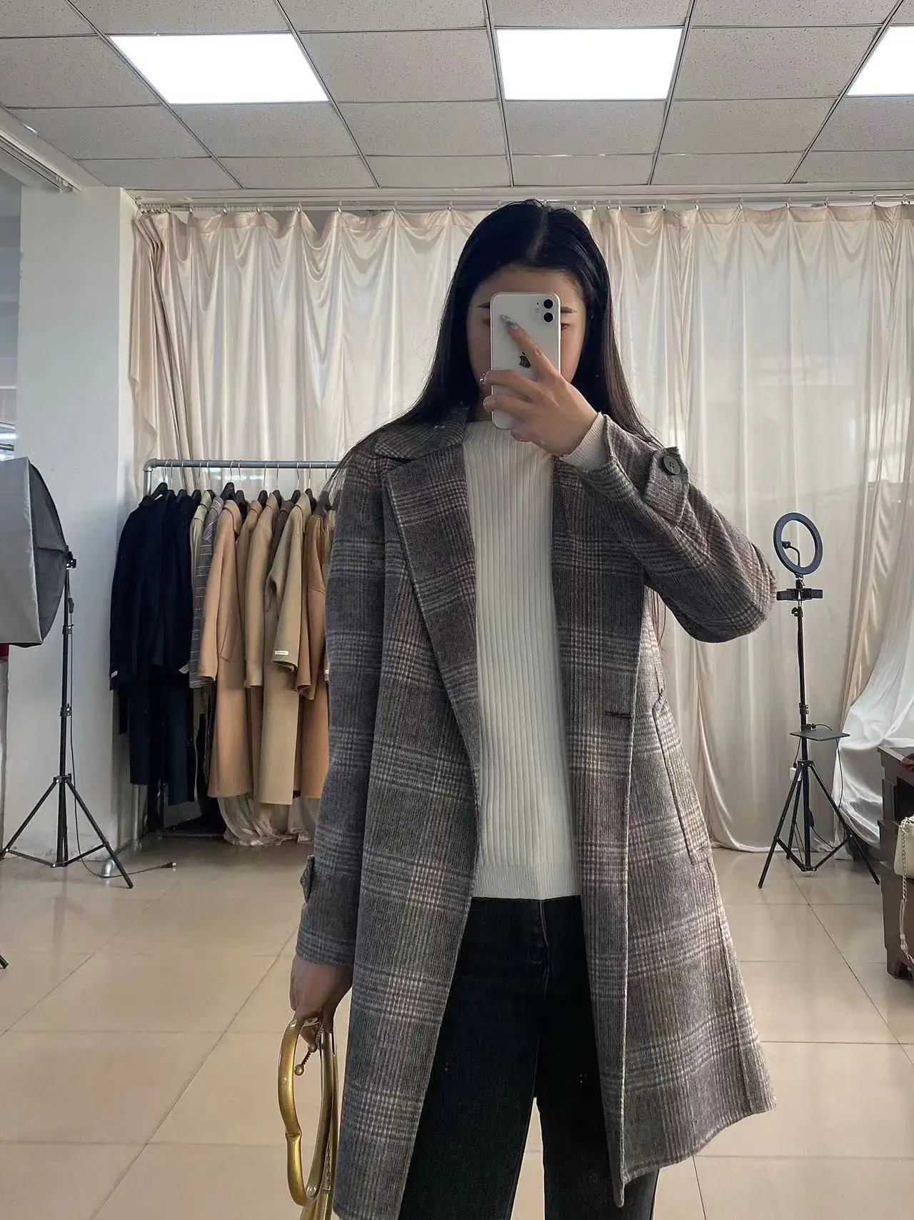 

Dalian Women's 2022 Spring Mid length Small Checkered Korean Single Double sided Cashmere Coat Woolen Coat