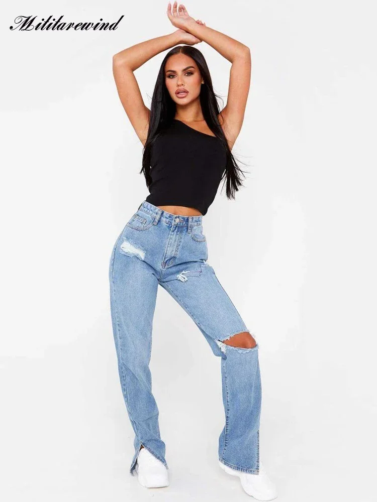 

High Waist Denim Pants Women Fashion Hole Ripped Jeans Women Casual Straight Mopping Pants Slit Drape Denim Trousers Women