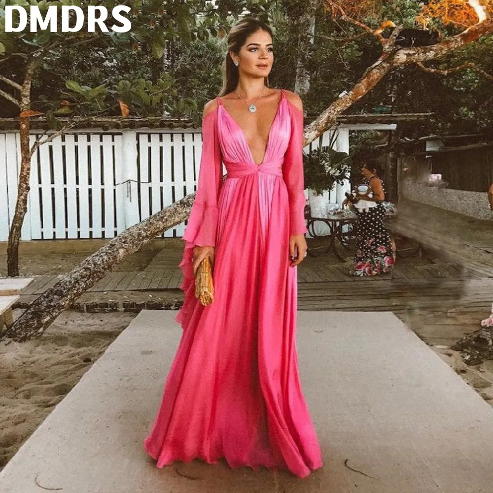 

Simple A Line Prom Dresses Long Sleeve Deep V Neck Backless Vestidos Chiffon Long Evening Dress Party For Women