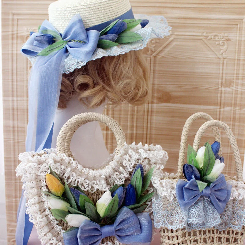 

Pure handmade tulip flower straw hat woven bag picnic basket handmade basket lolita hat
