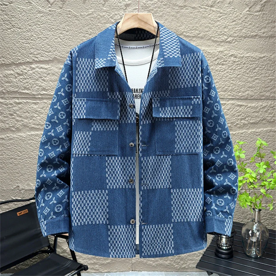 Plaid Denim Jacket Men Vintage Fashion Jean Jacket Plus Size 10XL 11XL Spring Autumn Cargo Denim Coat Male Big Size 10XL 3